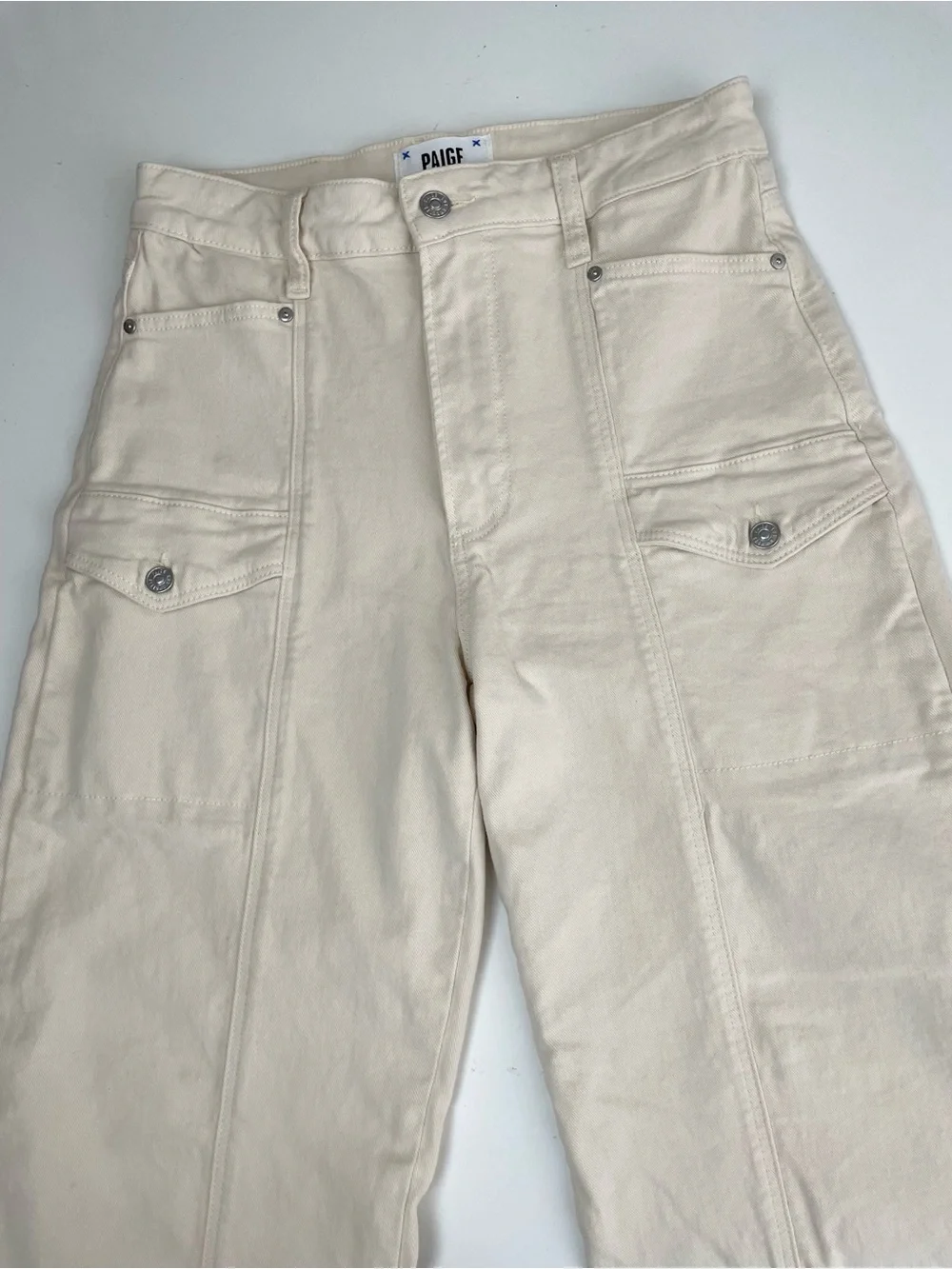 Paige ALEXIS High Waist Ankle Barrel Cargo Jeans Blonde Sand Sz 28